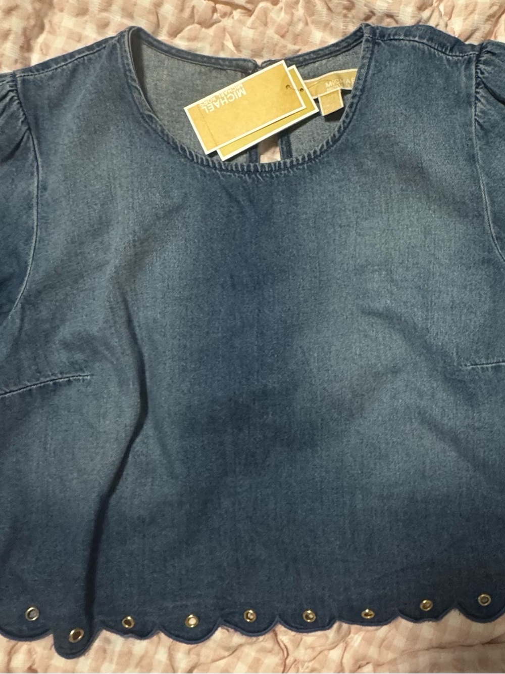 Michael Kors Dark Blue Denim Scalloped-Hem Top with gold Studs size xl nwt